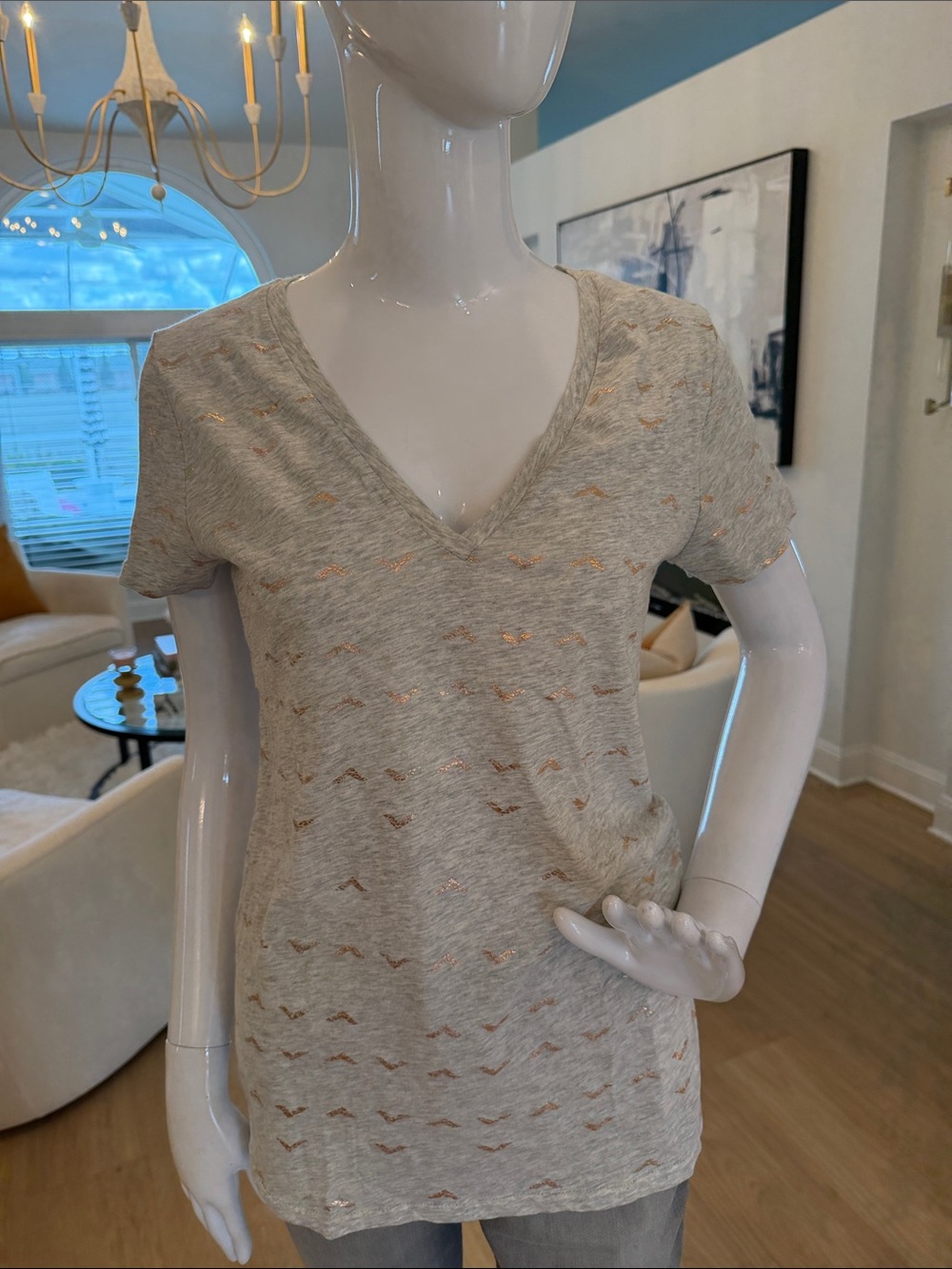 Merona Light Gray V-Neck Short Sleeve Tee with Rose-Gold Metallic Details
